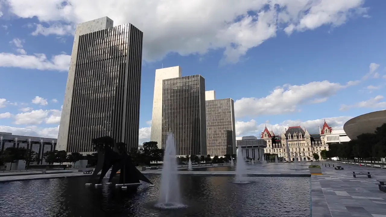 Empire State Plaza fountains and New York State Capitol in Albany